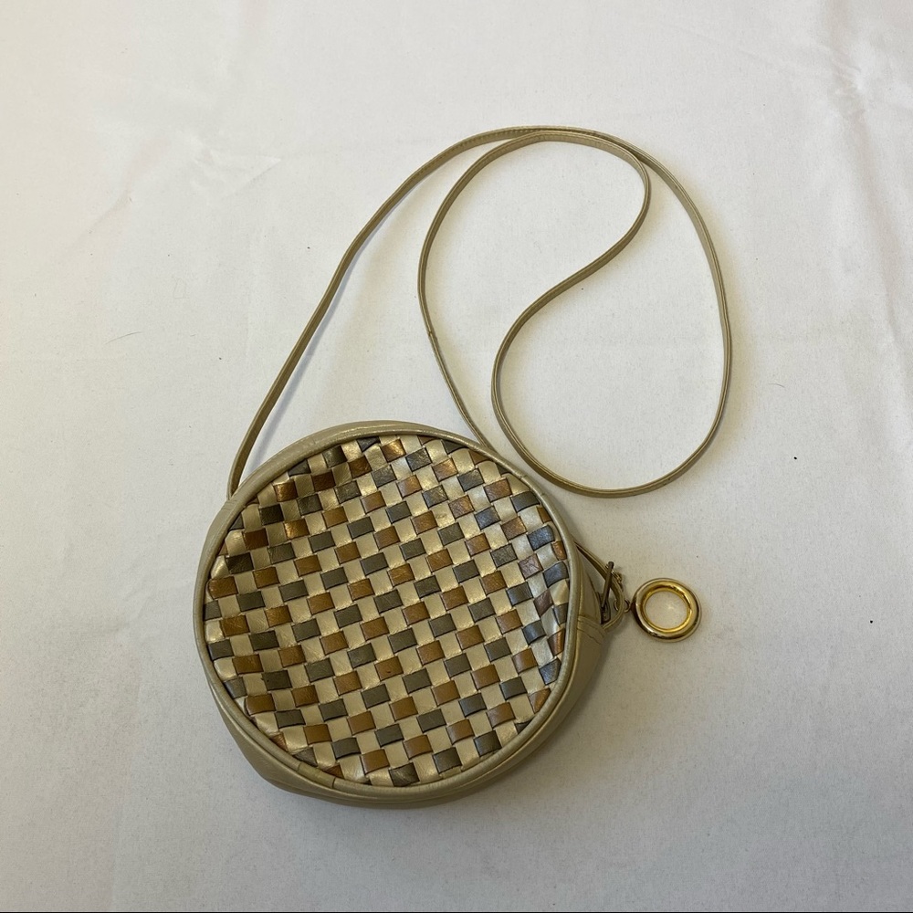 Vintage Philip Joseph small round weave crossbody bag gold bronze cream
